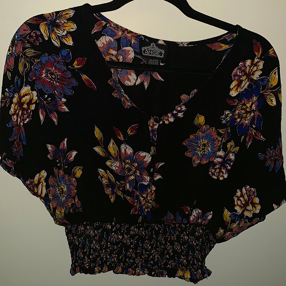 Angie Black Floral Smocked Waist Blouse